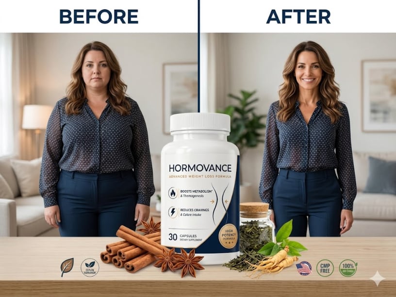 Hormovance bottle in front of a woman's before and after weight loss results.