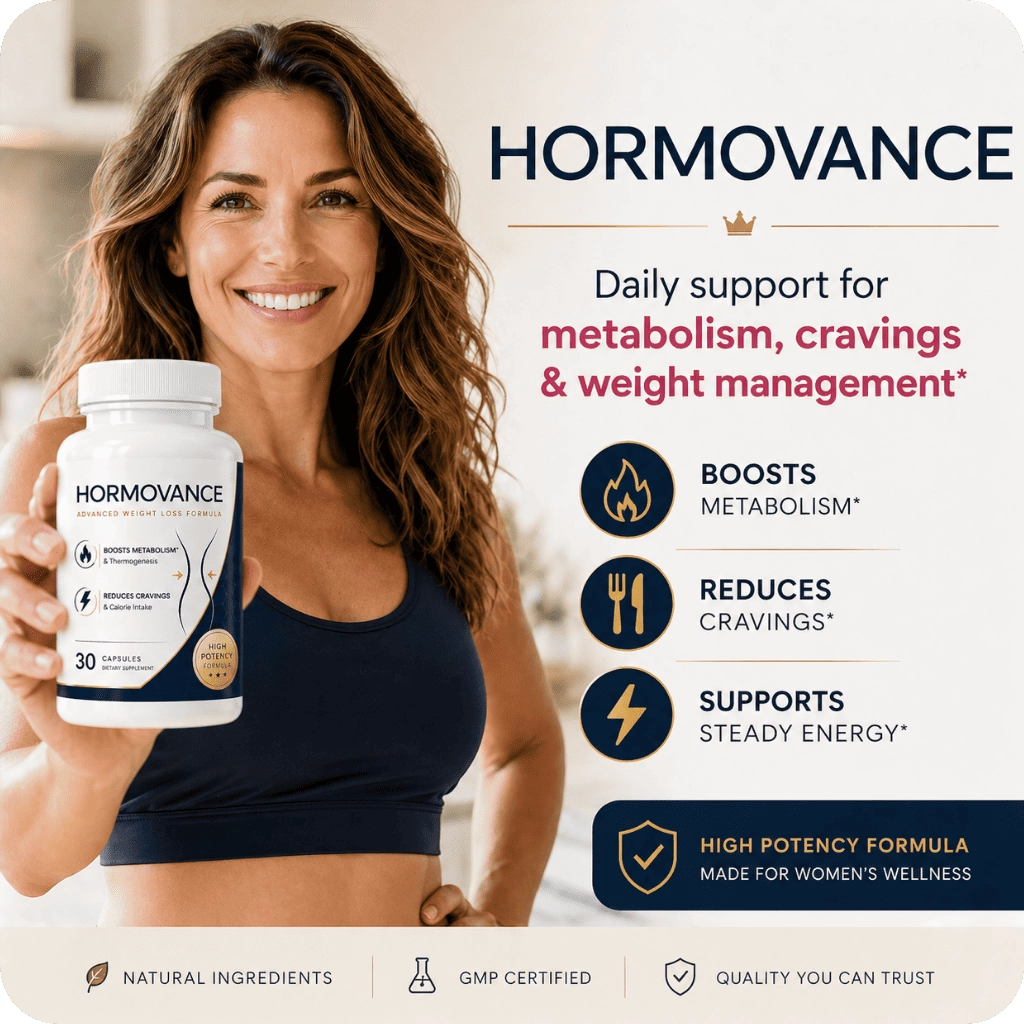 Smiling woman holding a bottle of Hormovance alongside text listing its metabolism and weight management benefits.